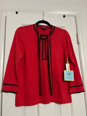 CeCe Red Knit Tunic with Black Trim and Tie Detail